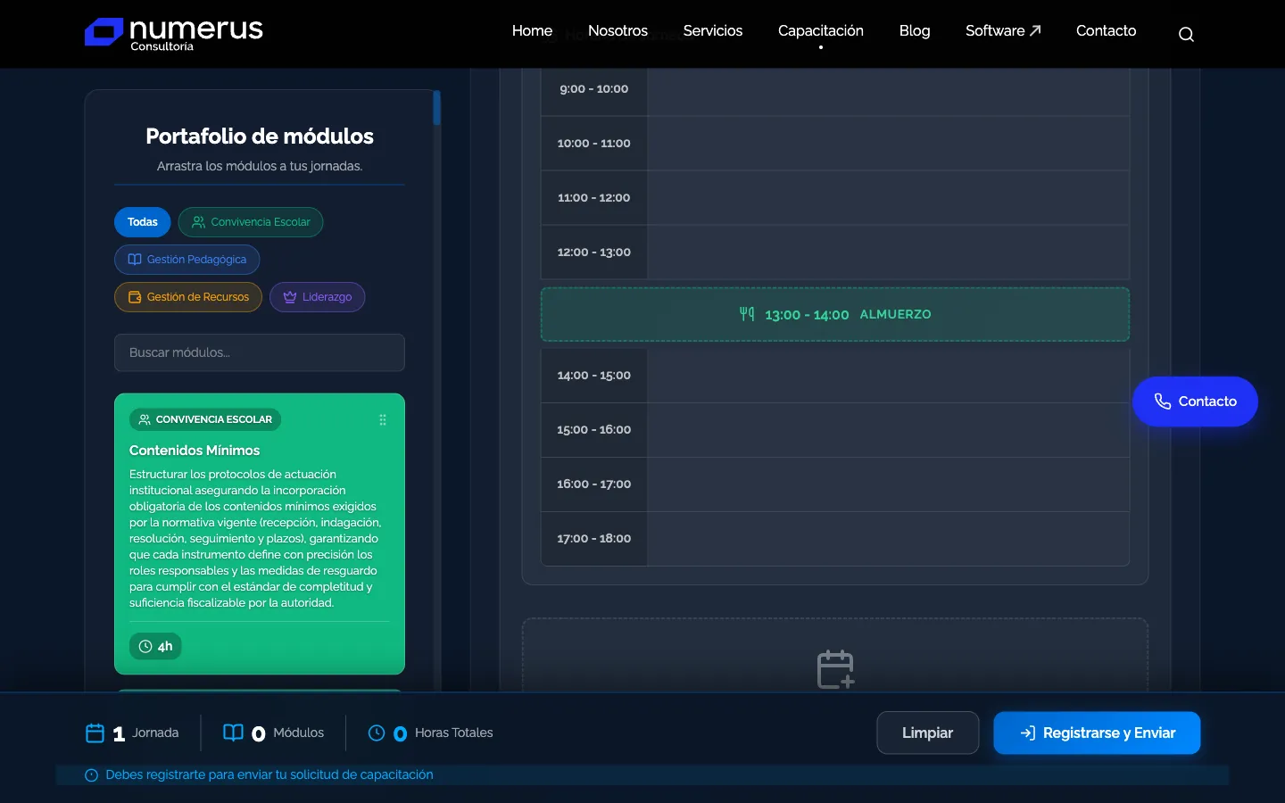 Numerus Consultoría - Jornada con horarios y drag and drop de módulos