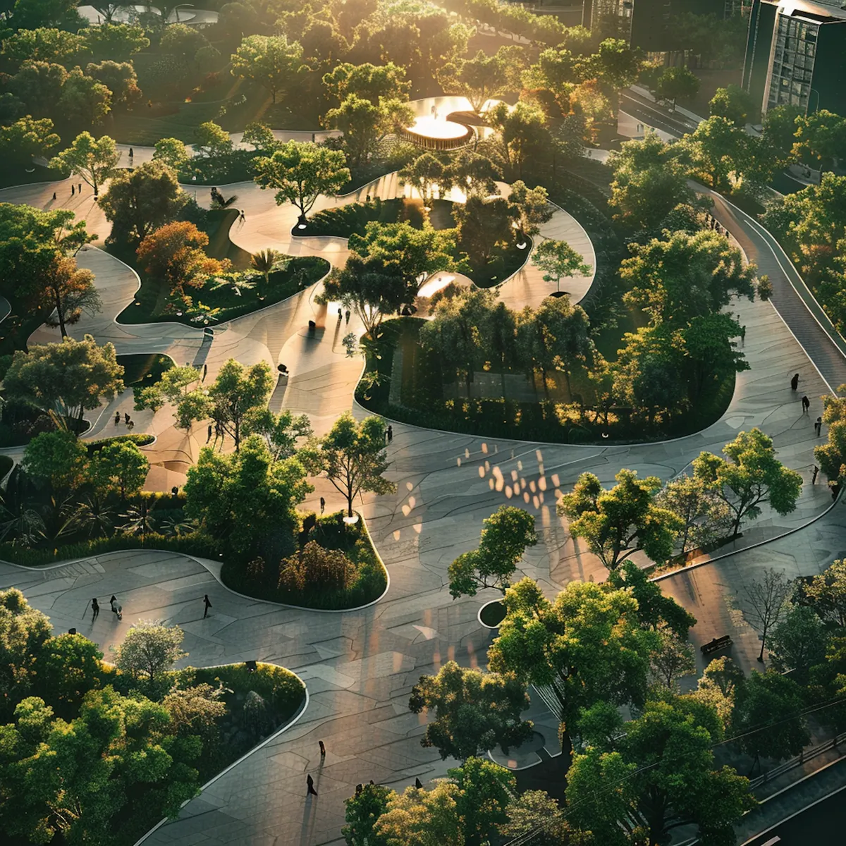 Render aéreo de un parque con senderos y árboles