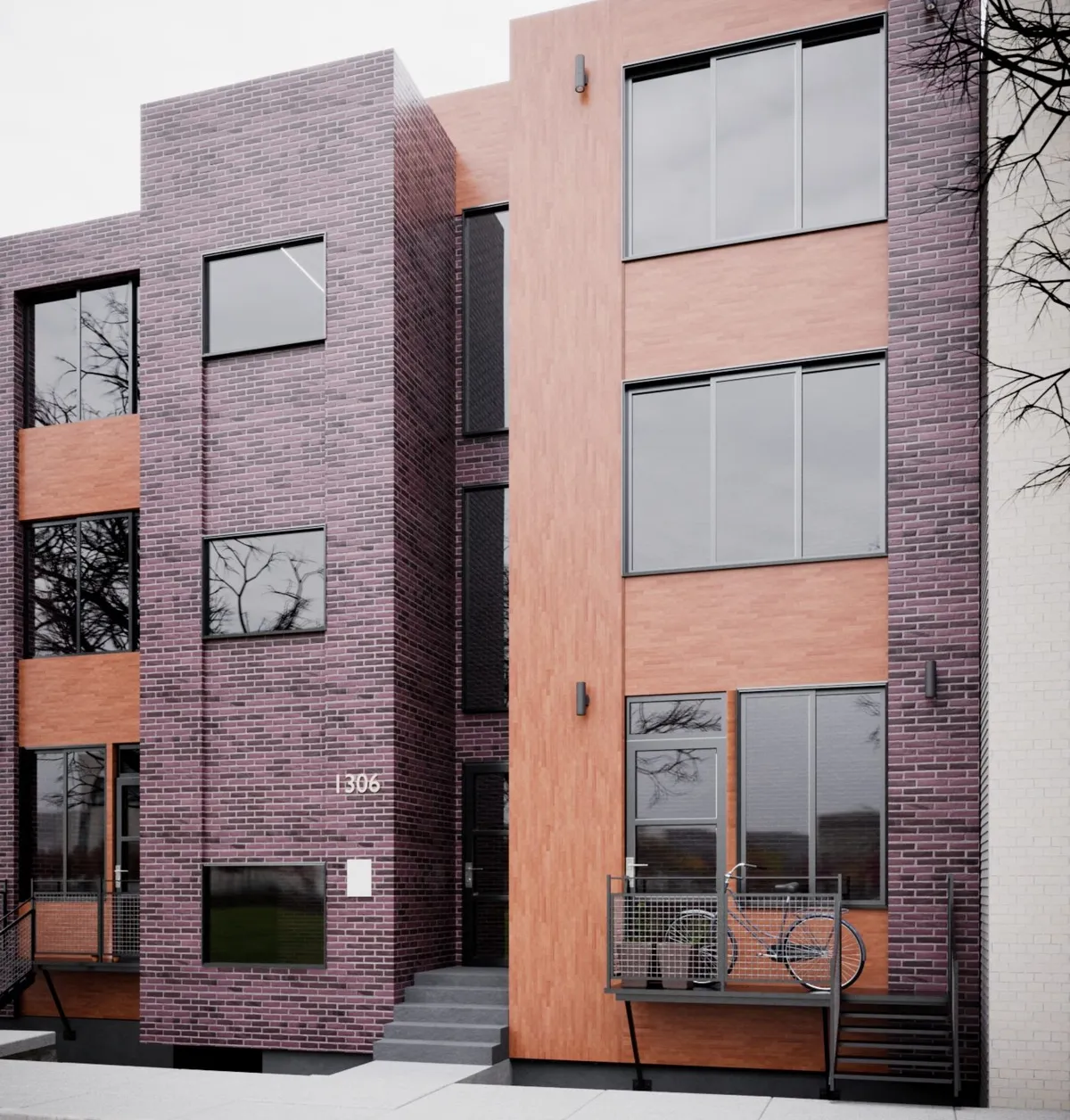 Render de la fachada de un edificio de ladrillo de tres pisos